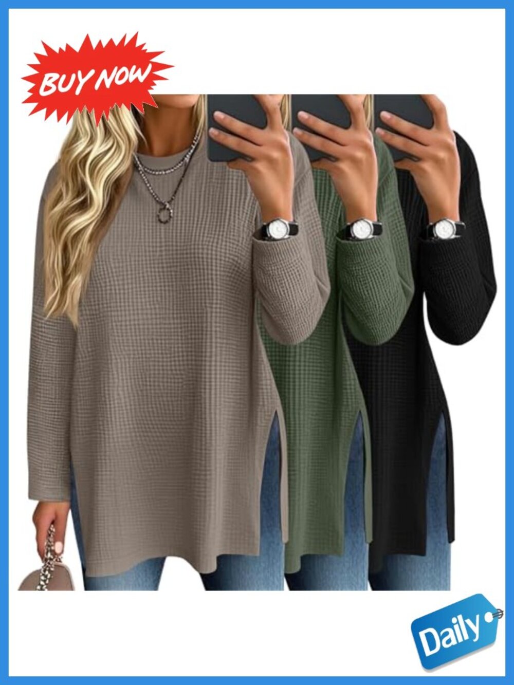 Waffle Knit Long Sleeve Oversized Tops 3 Pack Crew Neck Side Slit Tees